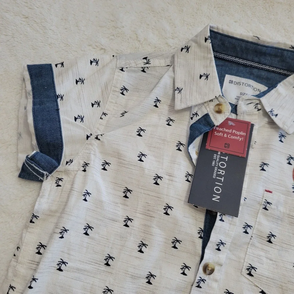 Distortion Button Down Shirt Boys Size 5 Cream Cotton Palm Tree Print Short Slee
